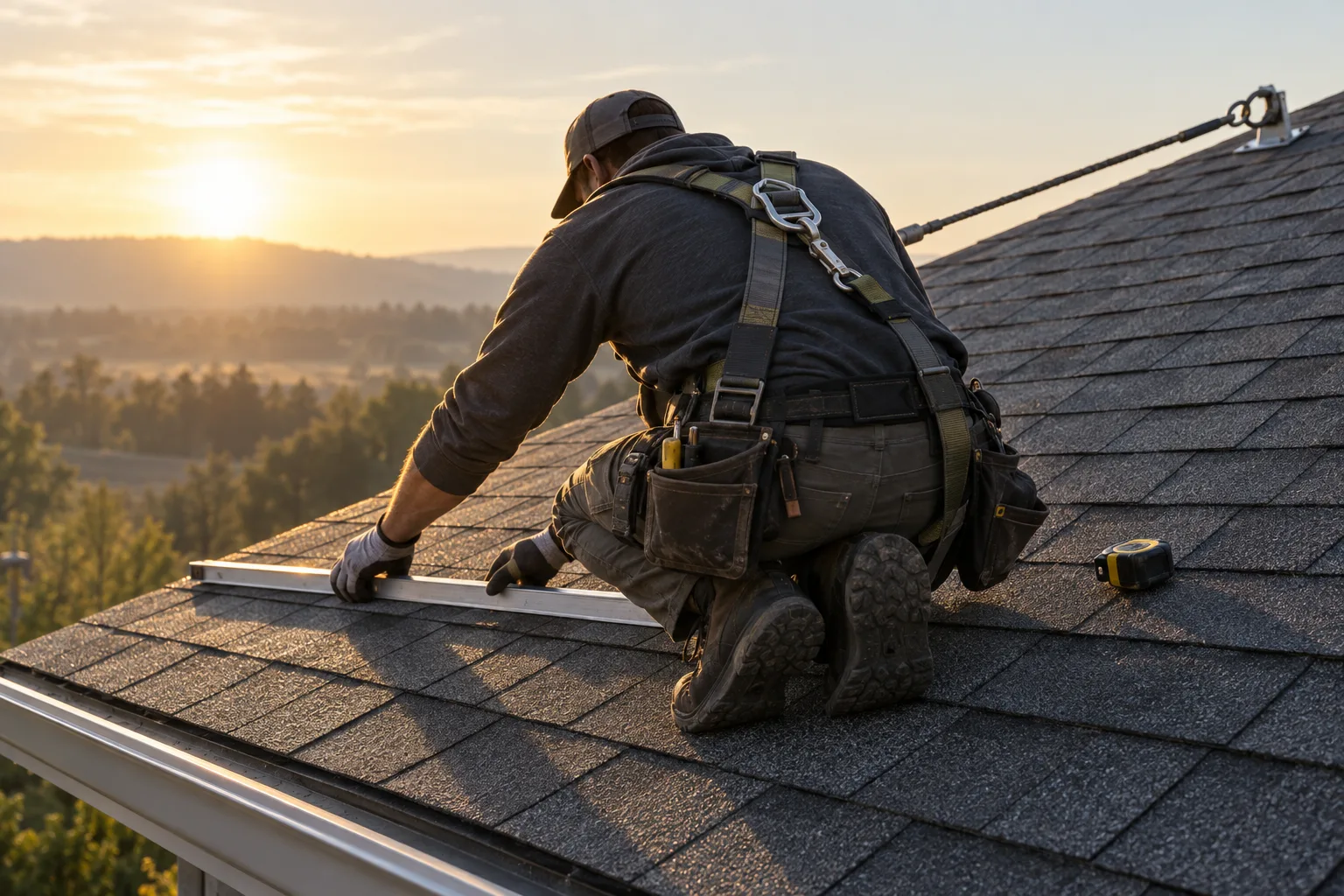 Illustration of a backlit roofer crouching on shingles with a straightedge and safety harness