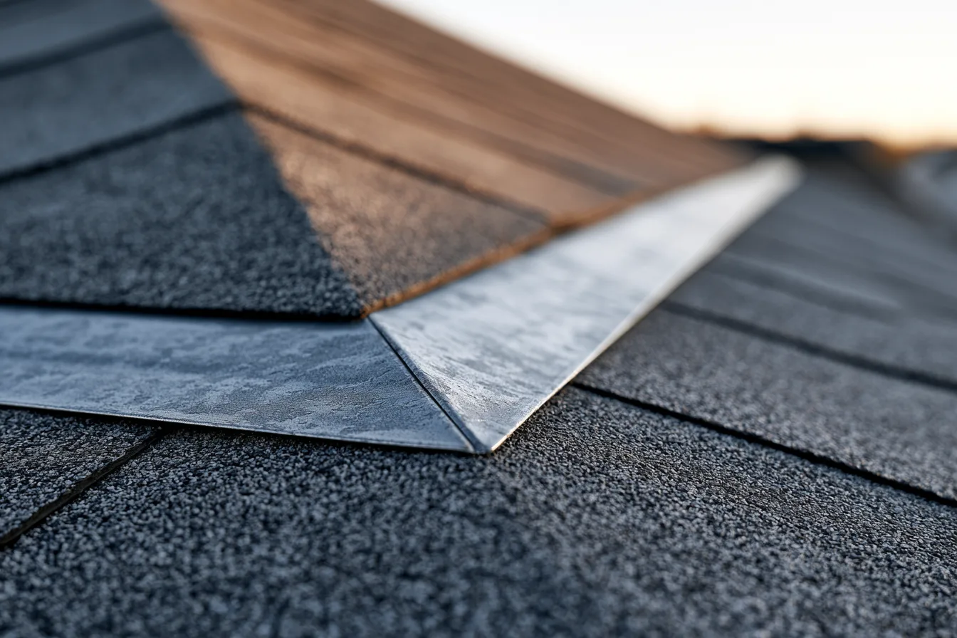 Galvanized flashing set into dark asphalt shingles at a roof transition