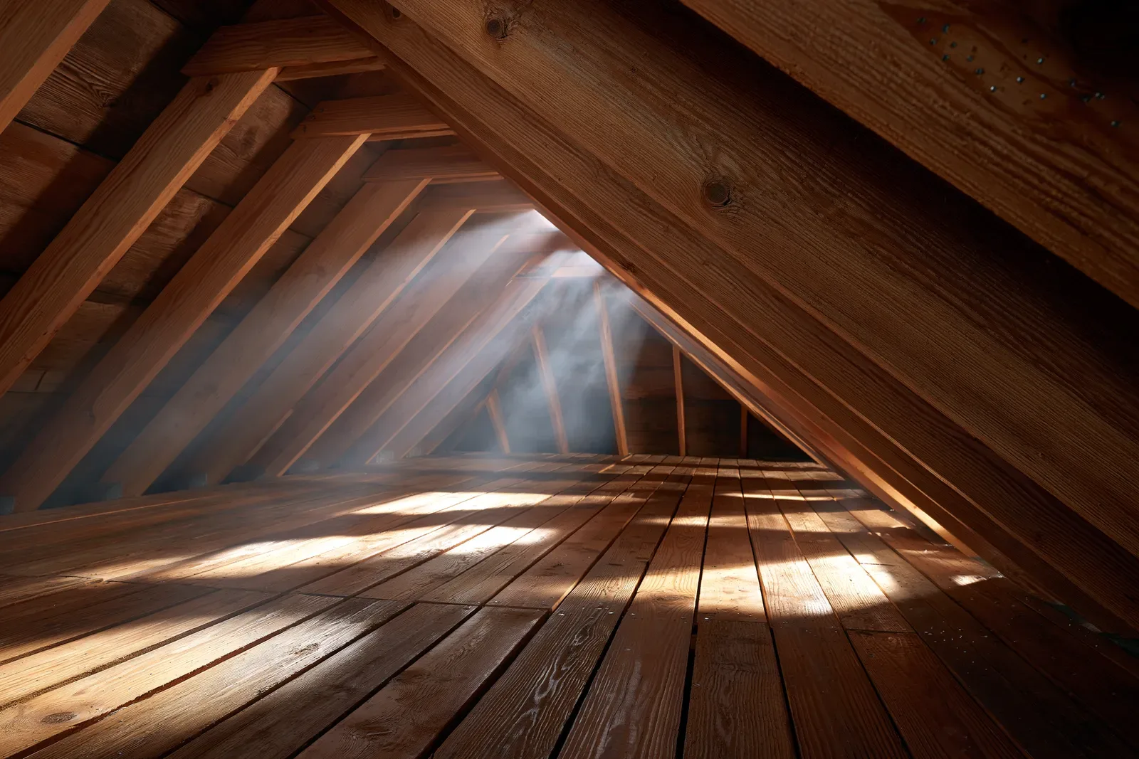 Sunlight streams through wood roof rafters and trusses in an open attic