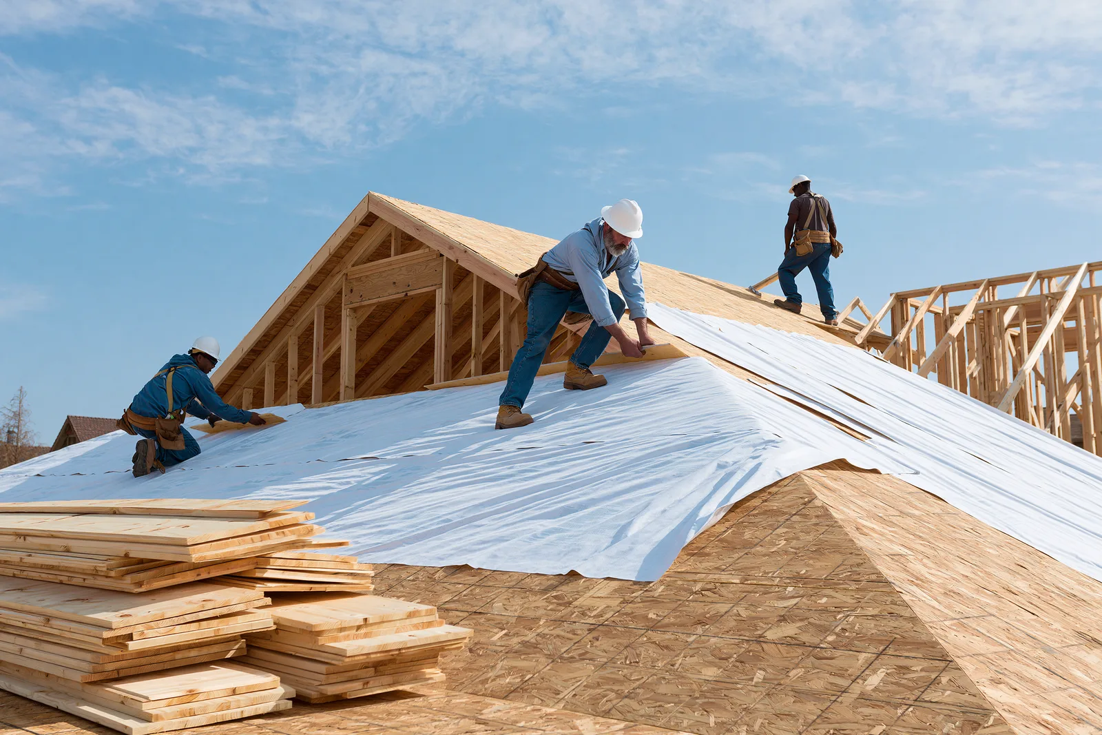 Roofers rolling out underlayment over roof decking with lumber stacked below