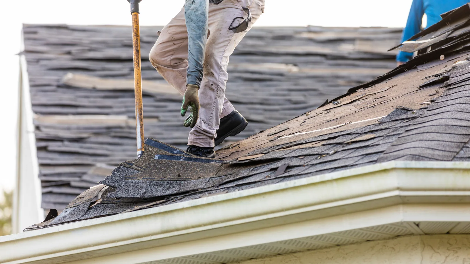 Roofer using a tear-off shovel to strip old shingles from a roof