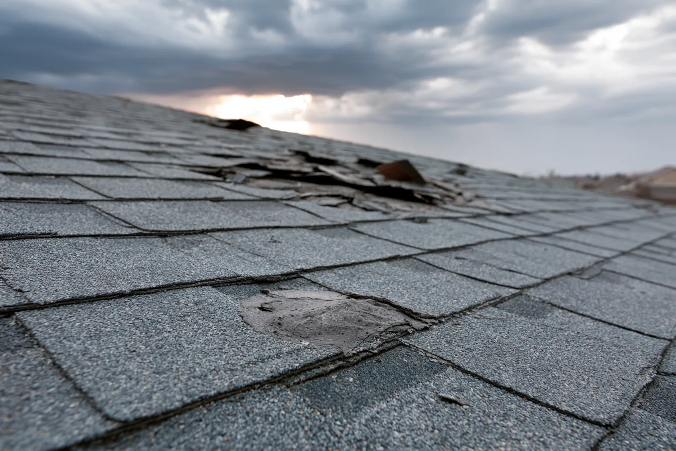 Torn shingles and an exposed dark patch under a brooding sky